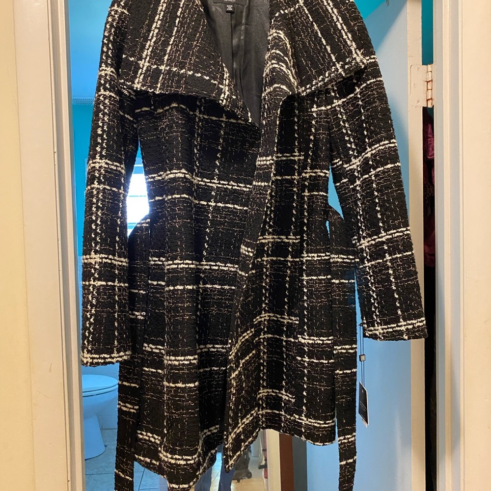Black and White Plaid Tweed Coat